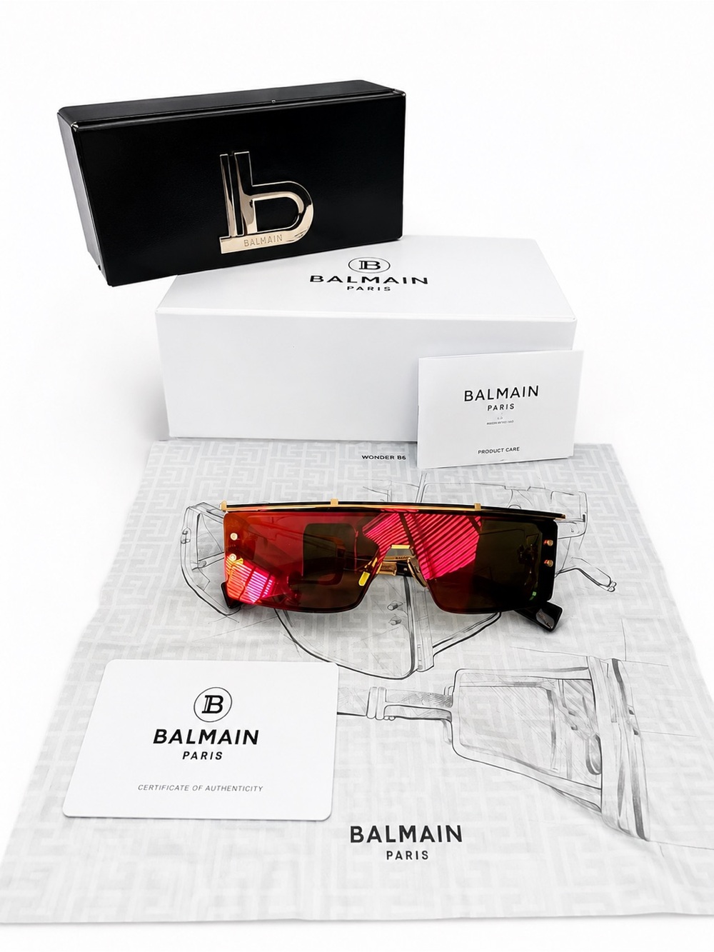 Balmain Red Mirrored Shield Sunglasses with Gold Accents